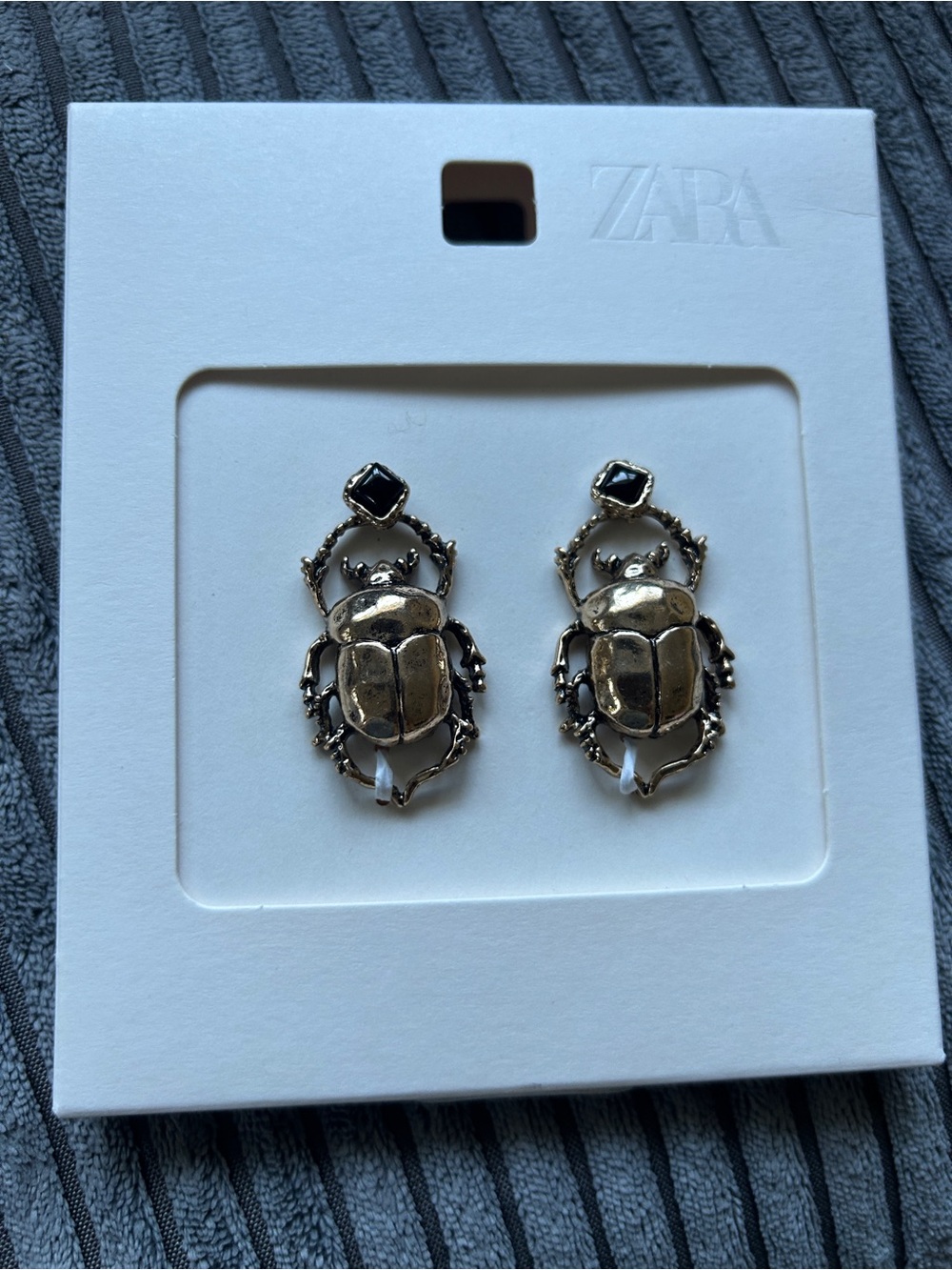 ZARA Gold Beetle Drop Earrings with Black Stone